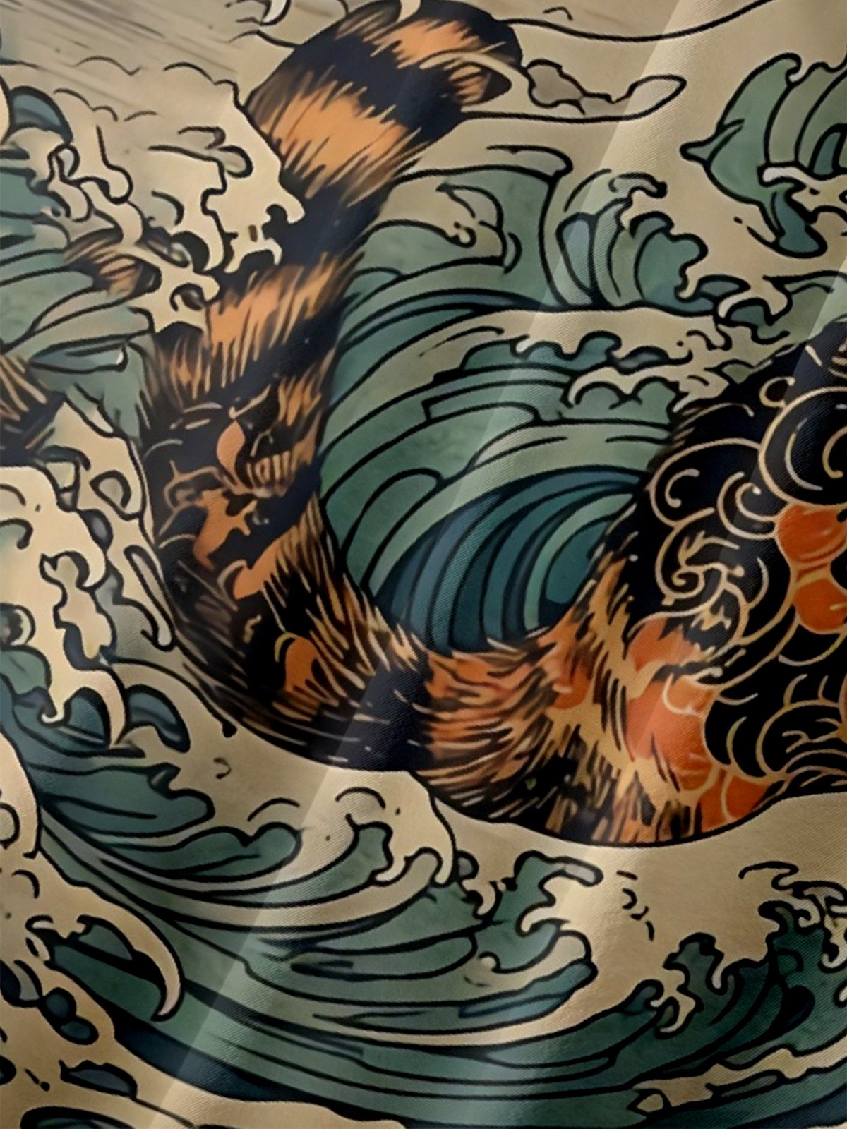 Moisture Wicking Ukiyo-e Surf Cat Chest Pocket Hawaiian Shirt