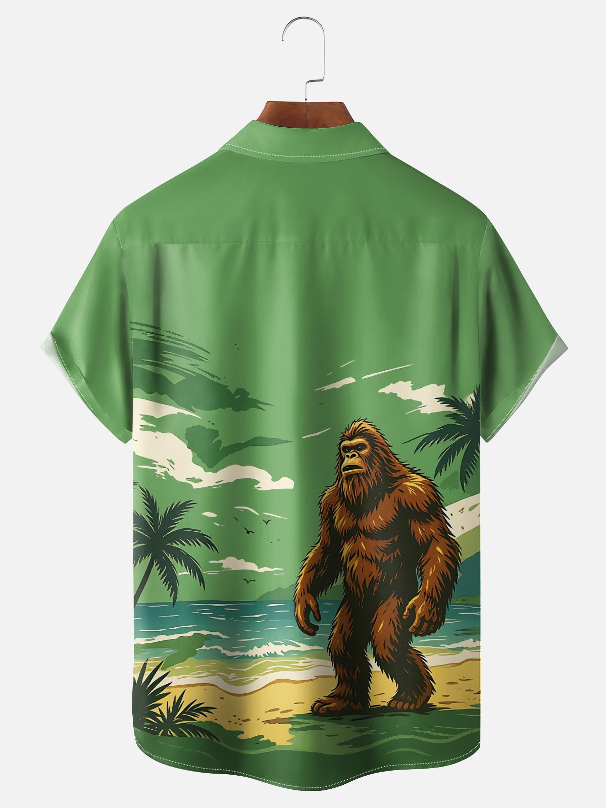 Moisture-Wicking Gradient Coconut Trees Beach And Bigfoot Print Chest Pocket Hawaiian Shirt