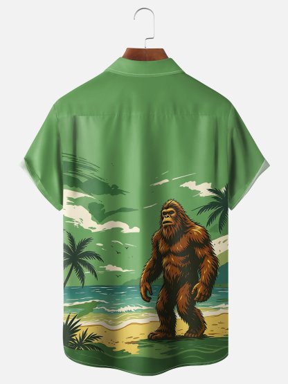 Moisture-Wicking Gradient Coconut Trees Beach And Bigfoot Print Chest Pocket Hawaiian Shirt