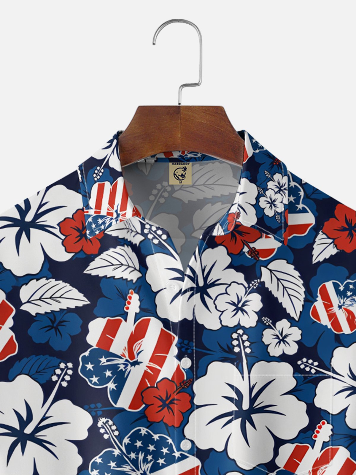 Moisture Wicking U.S. Independence Day Anniversary Flag Floral and Botanical Pattern Chest Pocket Holiday Hawaiian Shirt