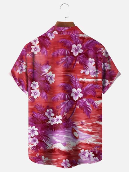 Moisture-wicking Tropical Palm Tree Floral Chest Pocket Hawaiian Shirt