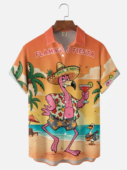 Moisture-Wicking Cinco de Mayo Themed  Flamingo & Beach Hat Pattern with Chest Pocket Hawaiian Shirt