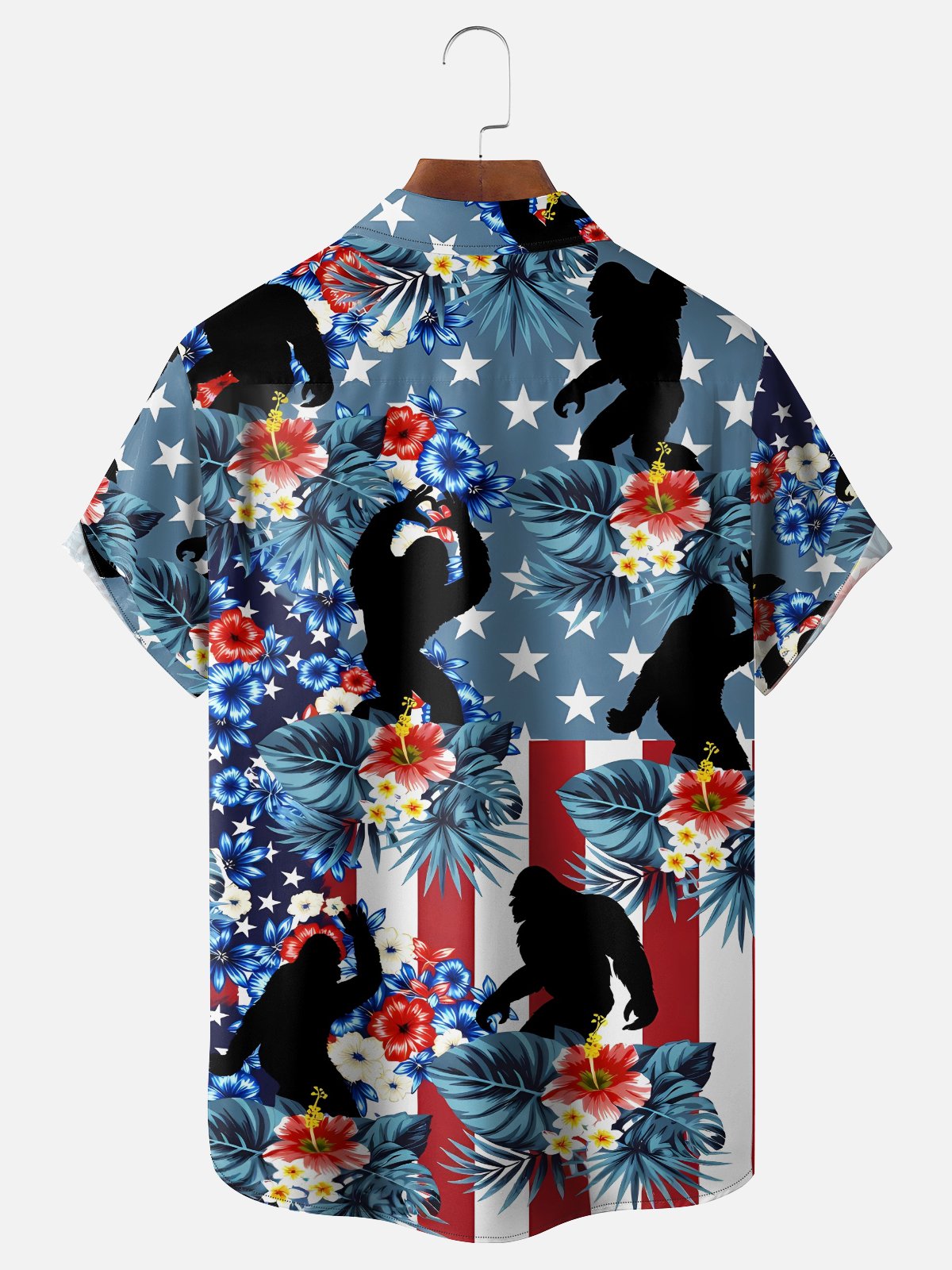 Moisture Wicking American Independence Day Anniversary Flag Plants Flowers Bigfoot Chest Pocke Holiday Hawaiian Shirt
