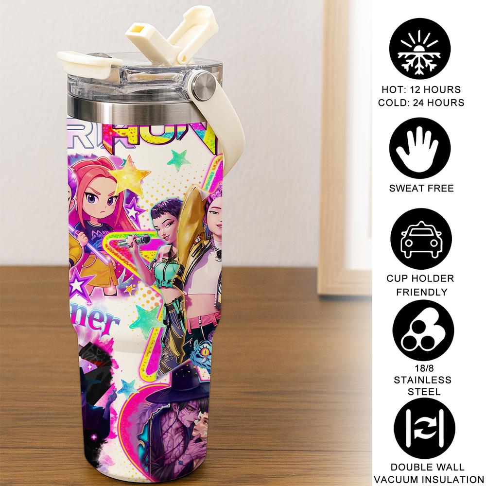 1 Pc 30oz insulated mug, double wall skinny vacuum cup with leak-proof lid, hot cold drinks tumbler, keeps hot 12 hours cold 24 hours, anime style colorful print, stainless steel thermal travel mug, gift for women men, Christmas birthday holiday present