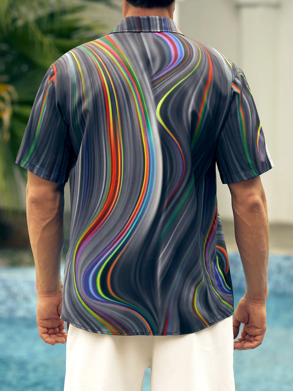 Mens 3D Abstract Print Casual Breathable Chest Pocket Short Sleeve Hawaiian Shirt