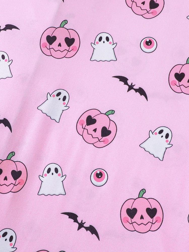 【Halloween】Women's Halloween Pajama Set, Cute Pumpkin Ghost Print, Short Sleeve Lapel Shirt & Elastic Shorts, Casual All-Season Sleepwear