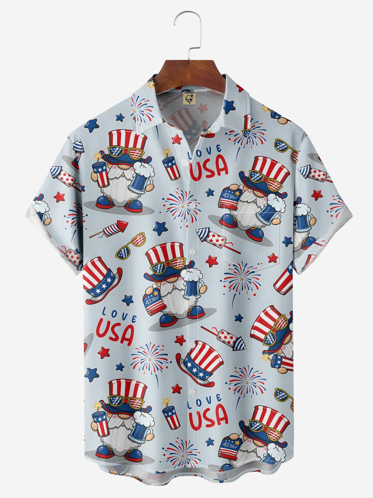Moisture-wicking American Flag Gnome Chest Pocket Hawaiian Shirt