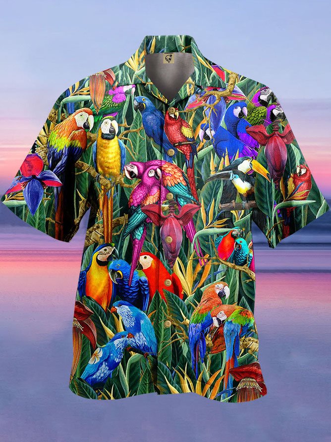 Hardaddy Mens Parrot Print Retro Breathable Hawaiian Shirt