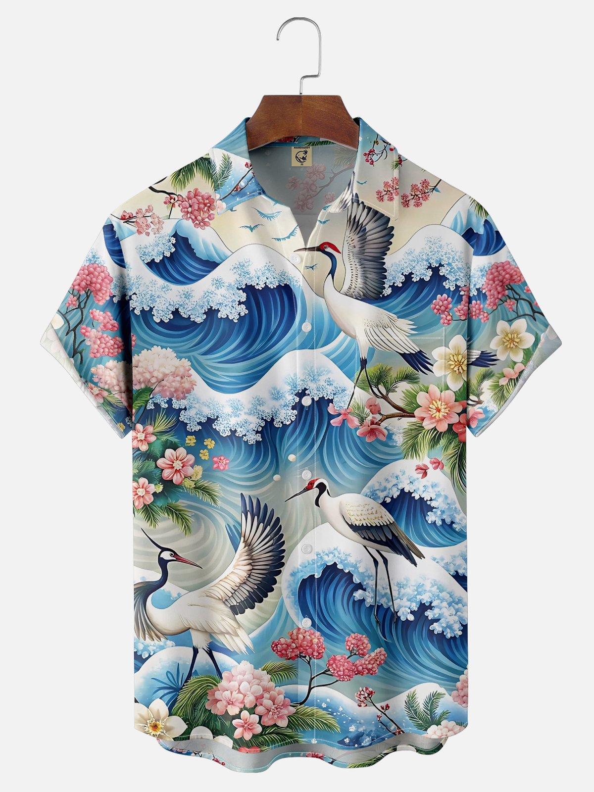 Moisture Wicking Botanical Ukiyo-e Crane Chest Pocket Hawaiian Shirt