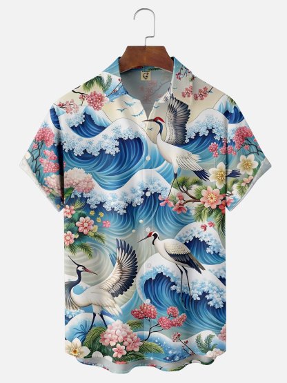 Moisture Wicking Botanical Ukiyo-e Crane Chest Pocket Hawaiian Shirt