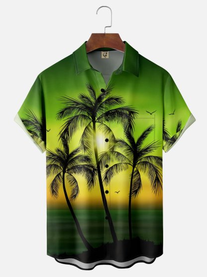 Moisture-wicking Palm Tree Chest Pocket Hawaiian Shirt