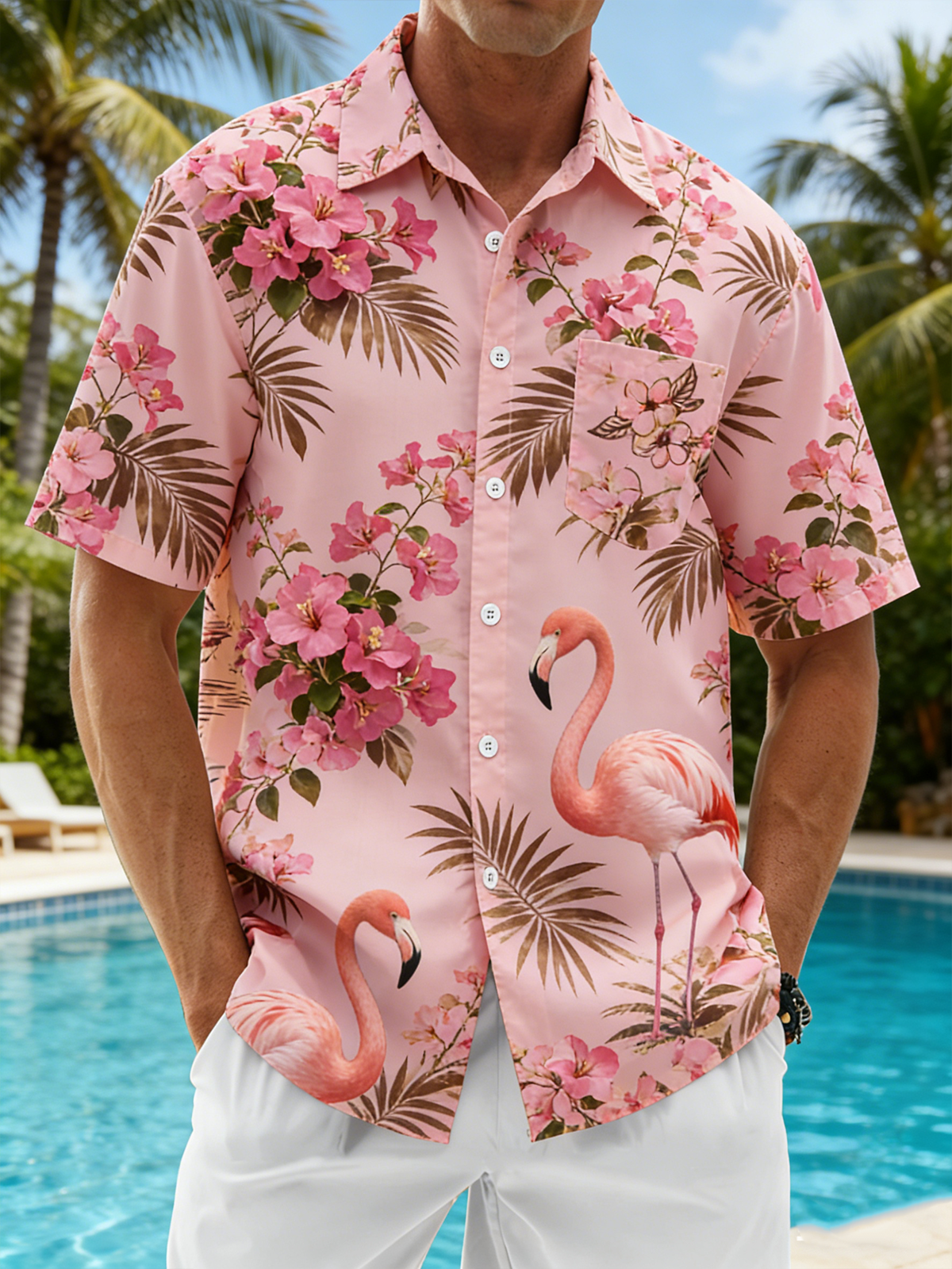 Linen Texture  Botanical Floral Flamingo Print with Chest Pocket Holiday Hawaiian Shirt