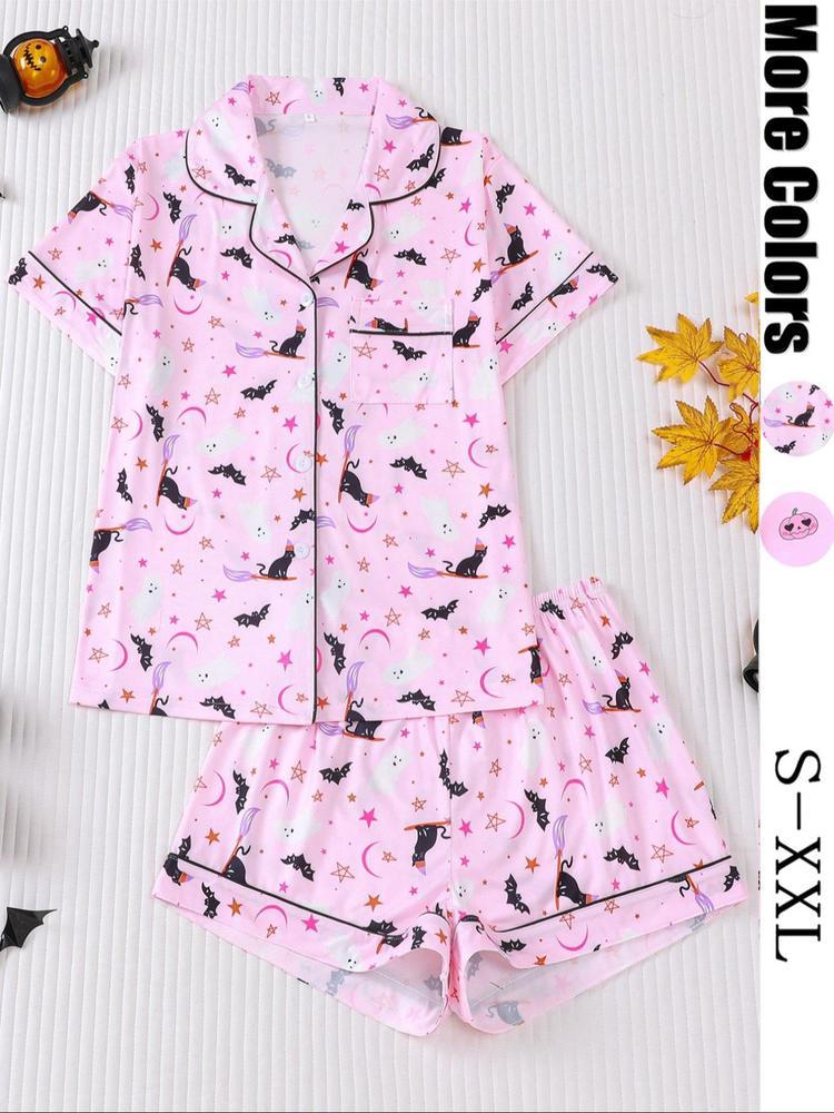 【Halloween】Women's Halloween Pajama Set, Cute Pumpkin Ghost Print, Short Sleeve Lapel Shirt & Elastic Shorts, Casual All-Season Sleepwear