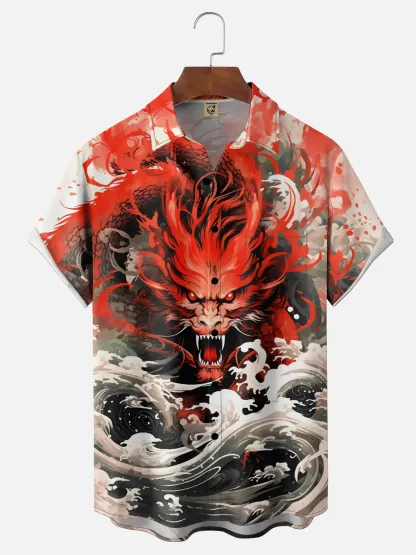 Moisture Wickin Japanese Ukiyo-e Wave Dragon Chest Pocket Holiday Hawaiian Shirt