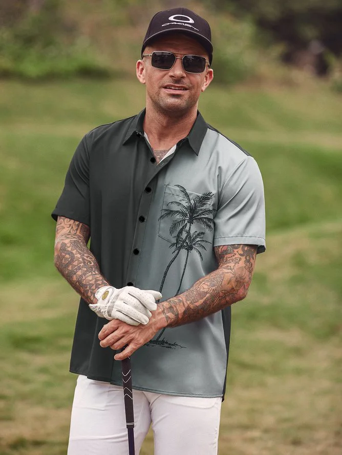 Men's Gradient Coconut Tree Print Casual Breathable Hawaiian Short Sleeve Shirt