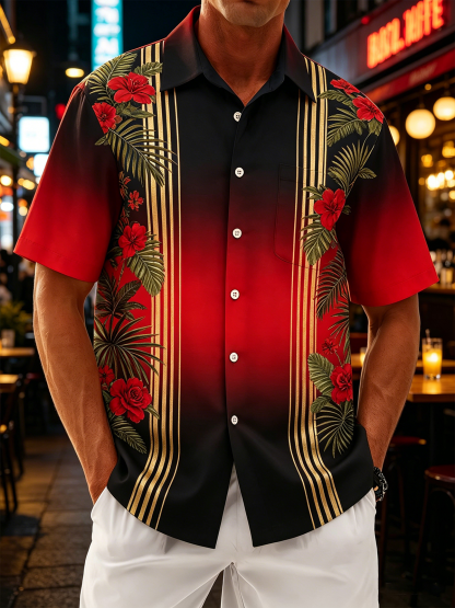 Moisture-Wicking Tropical Gradient Botanical Floral Vintage Car Chest Pocket Detail Festive Hawaiian Shirt
