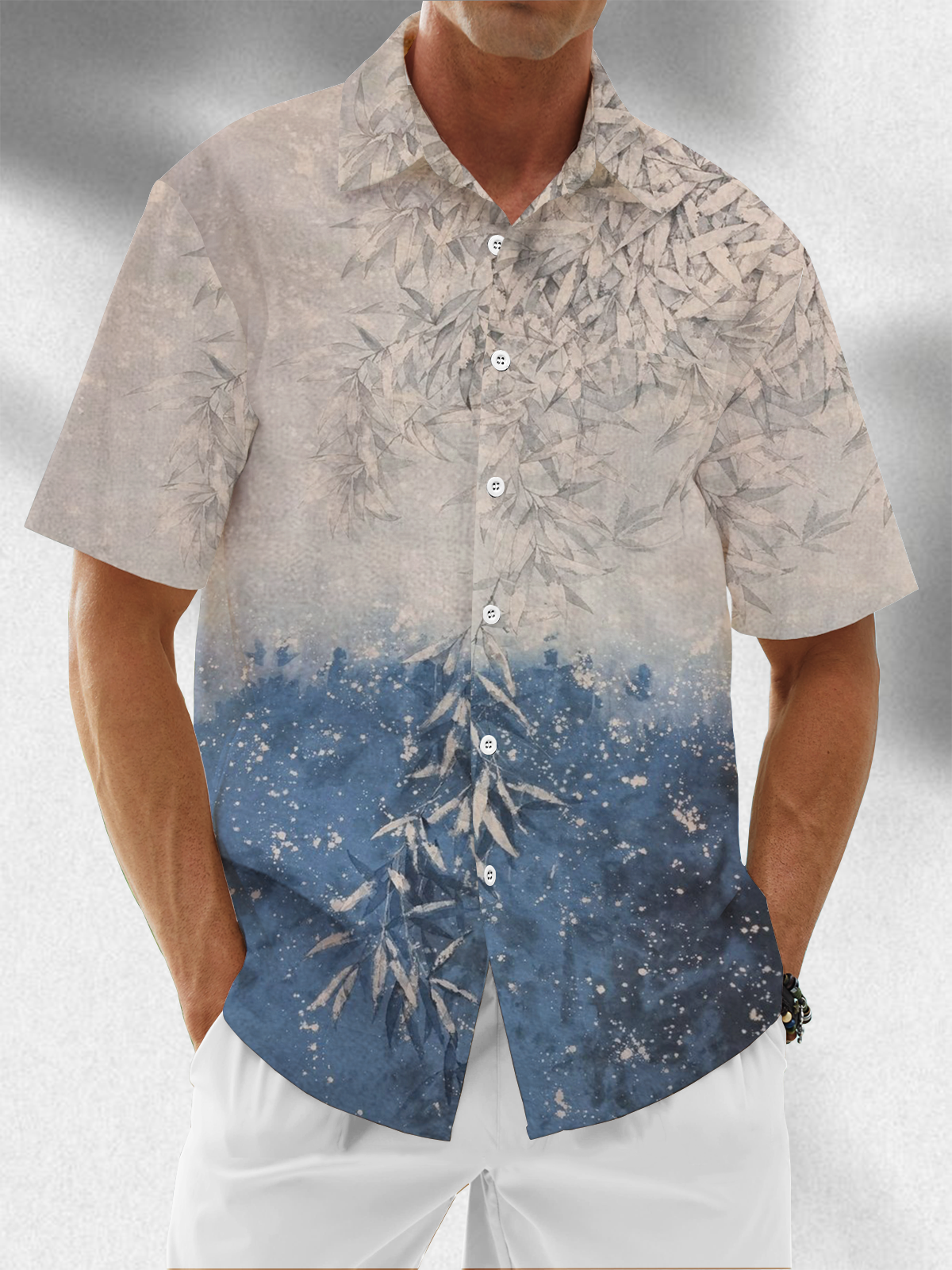 Moisture Wicking Gradient Botanicals Chest Pocket Hawaiian Shirt