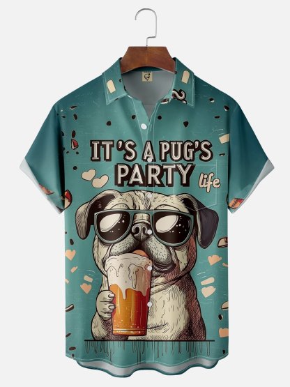 Moisture-wicking Pug‘s Party Life Chest Pocket Hawaiian Shirt