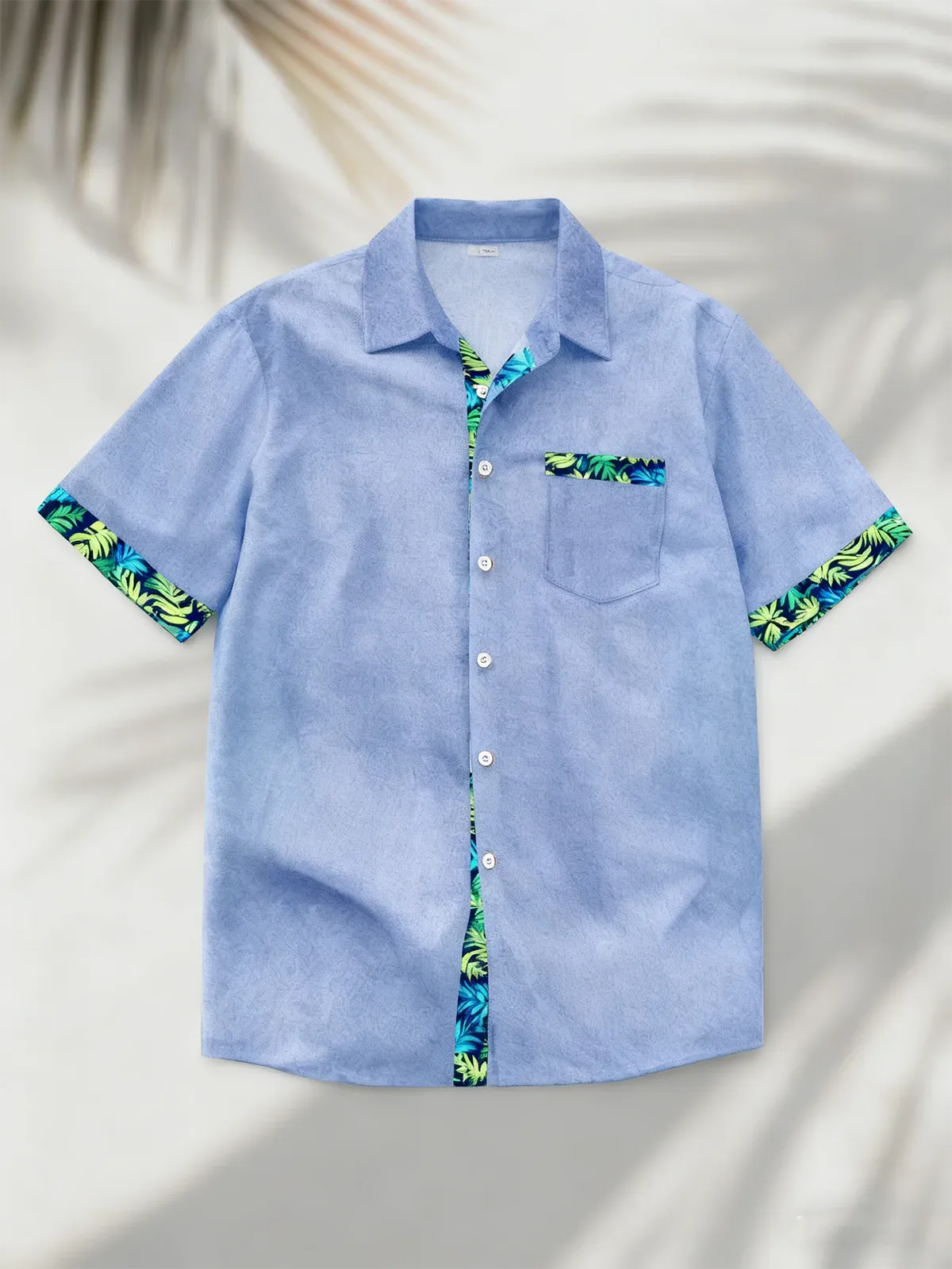 Linen Texture Plant Based Solid Color Patchwork Chest Pocket Holiday Hawaiian Shirt