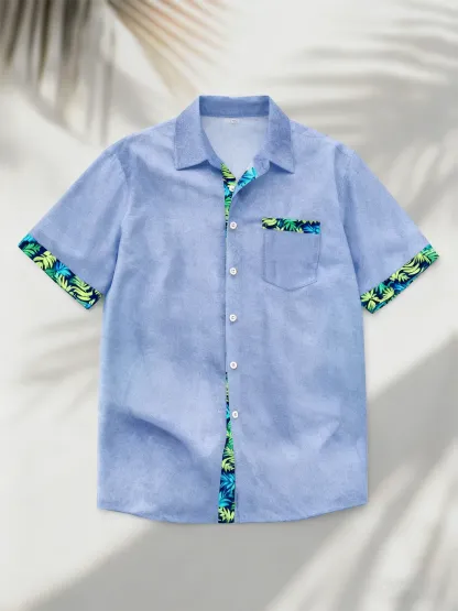 Linen Texture Plant Based Solid Color Patchwork Chest Pocket Holiday Hawaiian Shirt