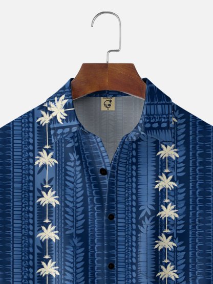 Moisture Wicking Striped Plant Coconut Tree Chest Pocke Holiday Hawaiian Shirt