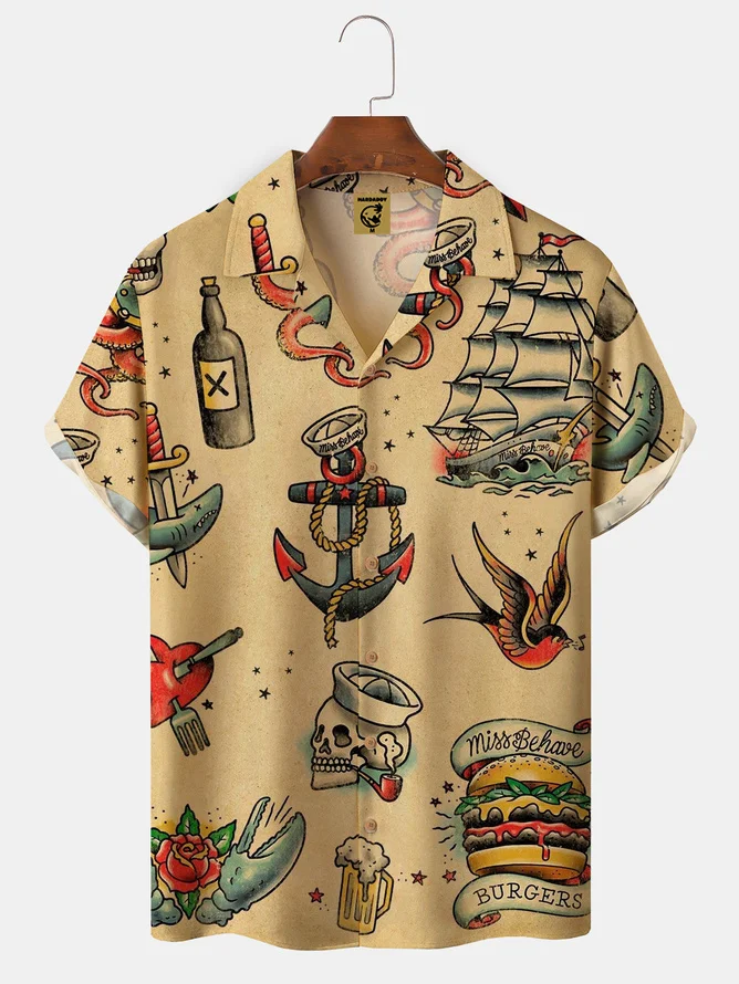 Mens Hawaiian Sailing Print Camp Collar Loose Short Sleeve Funky Tattoo Hawaiian Shirt