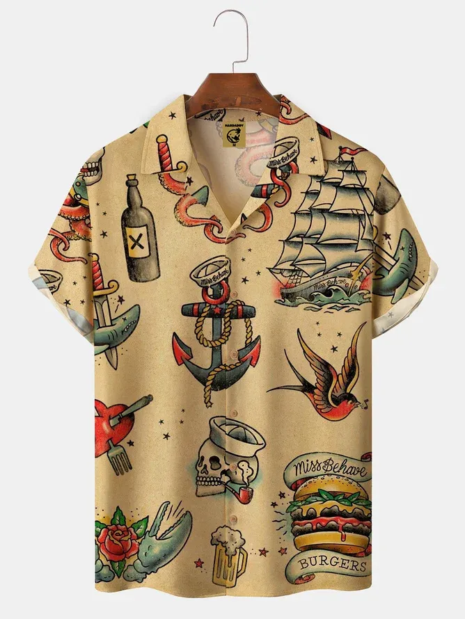 Mens Hawaiian Sailing Print Camp Collar Loose Short Sleeve Funky Tattoo Hawaiian Shirt