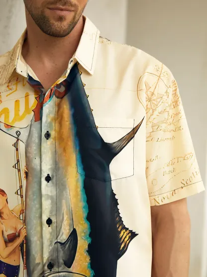 Beauty Fishing Chest Pocket Short Sleeve Hawaiian Shirt
