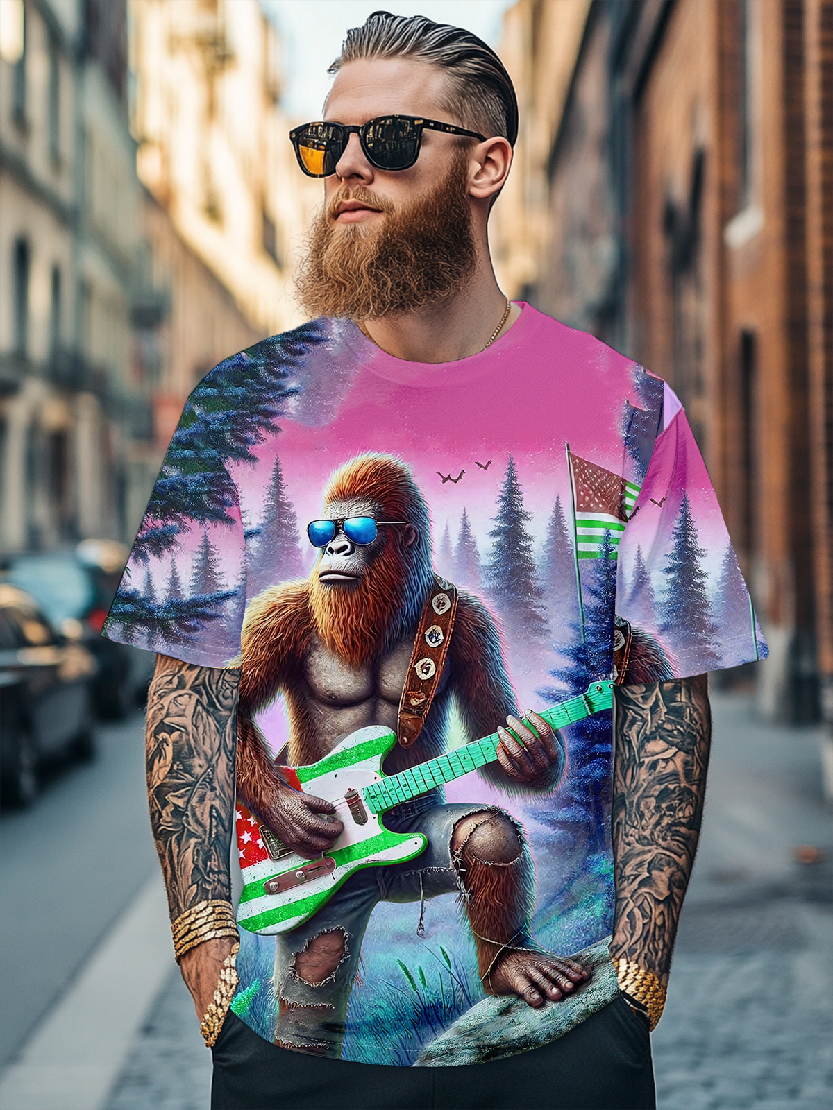 Men's American Flag Bigfoot Guitar Rock Fitted T-shirts