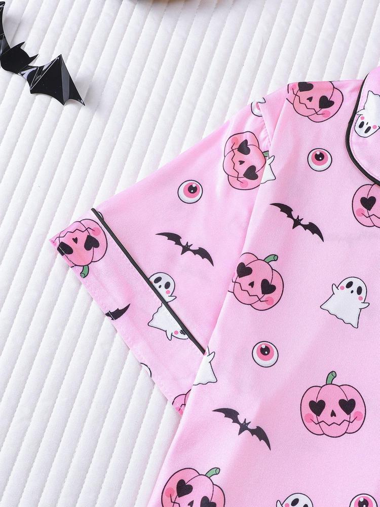 【Halloween】Women's Halloween Pajama Set, Cute Pumpkin Ghost Print, Short Sleeve Lapel Shirt & Elastic Shorts, Casual All-Season Sleepwear