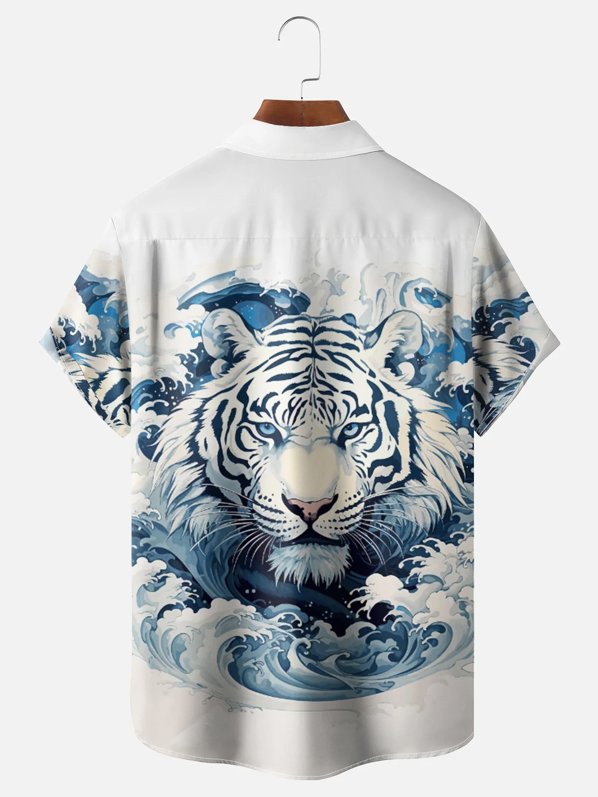 Moisture Wickin Japanese Ukiyo-e Wave Tiger Chest Pocket Holiday Hawaiian Shirt