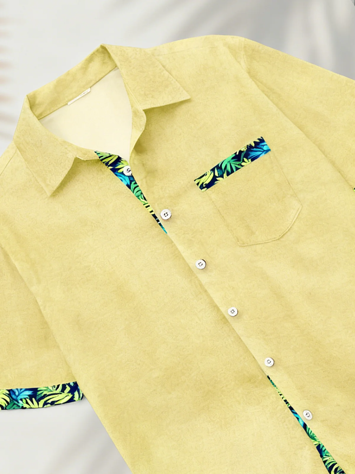 Linen Texture Plant Based Solid Color Patchwork Chest Pocket Holiday Hawaiian Shirt