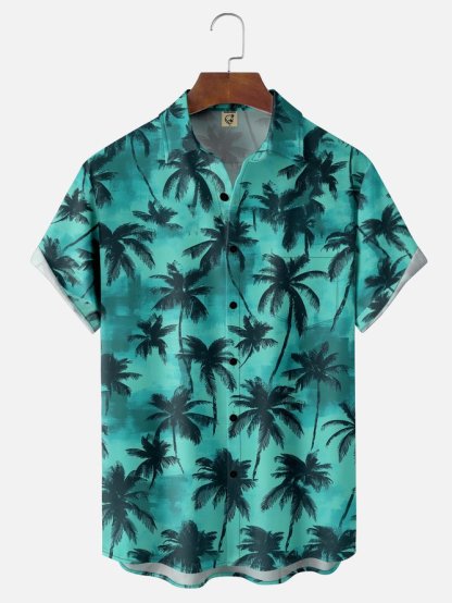Tall Size Moisture-wicking Palm Tree Chest Pocket Hawaiian Shirt