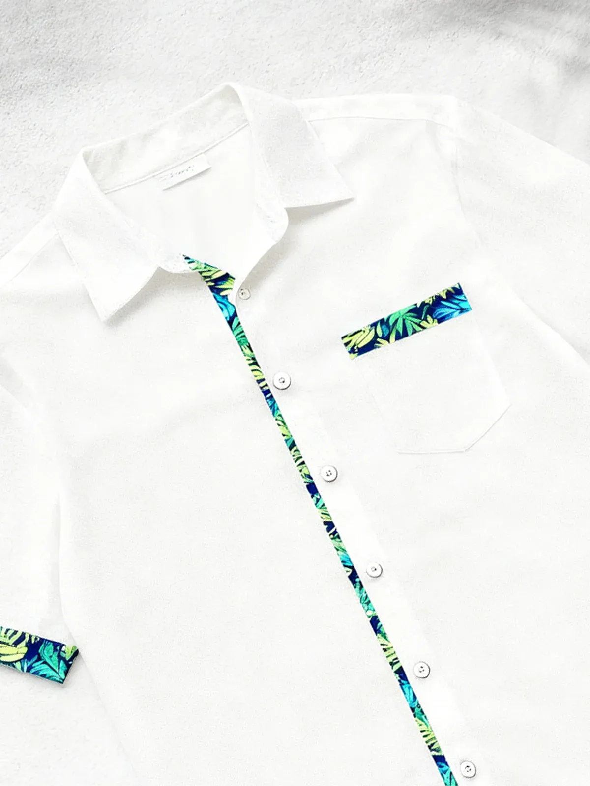 Linen Texture Plant Based Solid Color Patchwork Chest Pocket Holiday Hawaiian Shirt