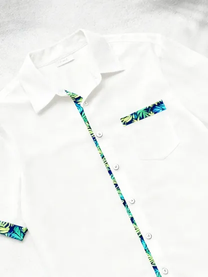 Linen Texture Plant Based Solid Color Patchwork Chest Pocket Holiday Hawaiian Shirt