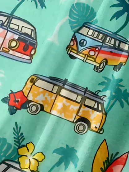 Moisture-wicking Palm Tree Vintage Car Chest Pocket Hawaiian Shirt