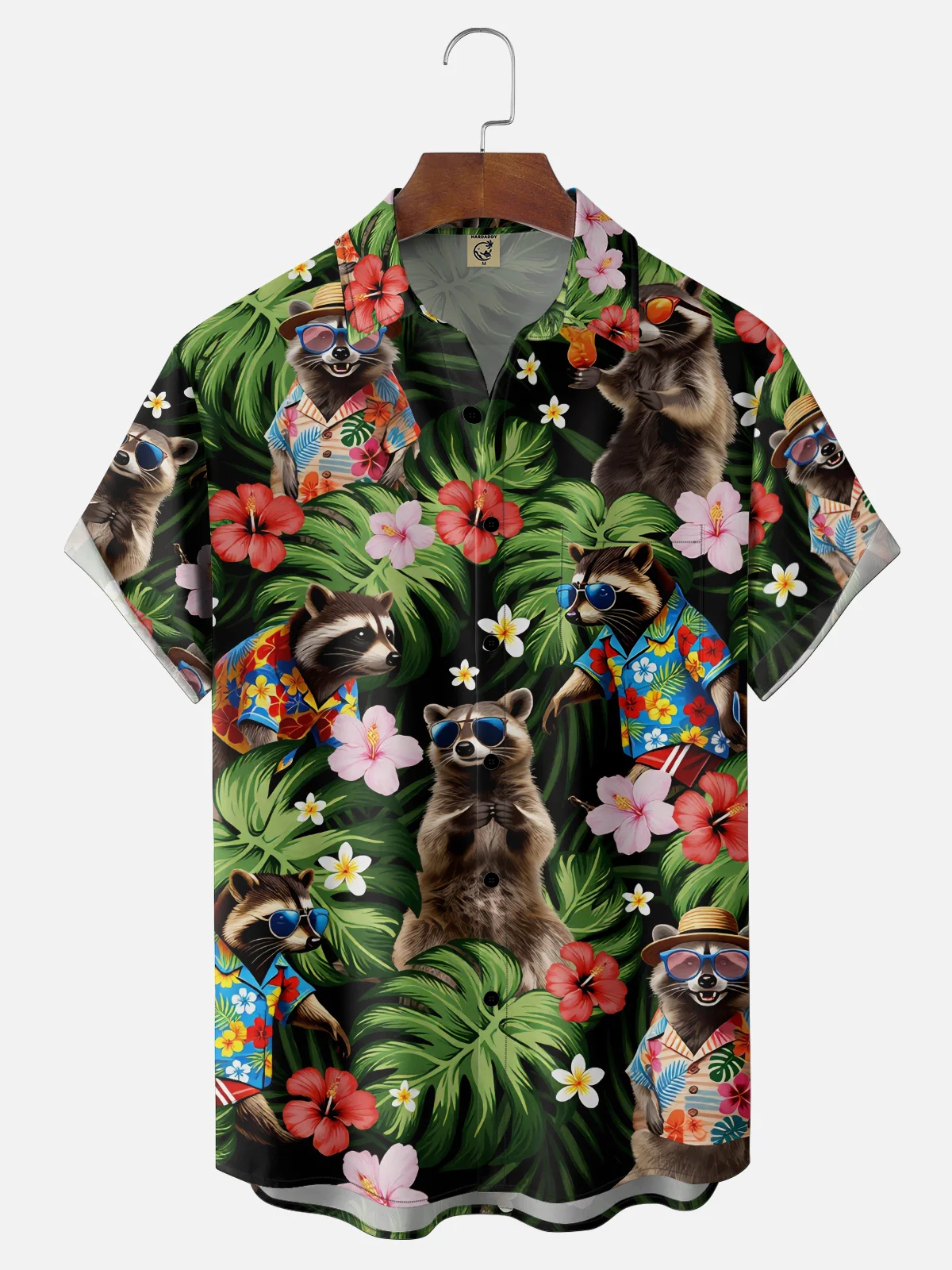 Moisture Wicking Leaf Floral and Raccoon Chest Pocket Holiday Hawaiian Shirt