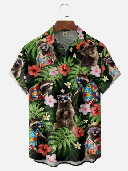 Moisture Wicking Leaf Floral and Raccoon Chest Pocket Holiday Hawaiian Shirt