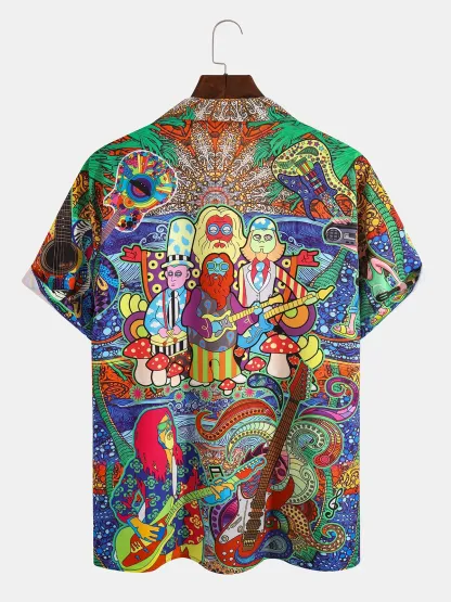 Hardaddy Hawaiian Hippie Retro Music Elements Men's Casual Short-sleeved Shirt