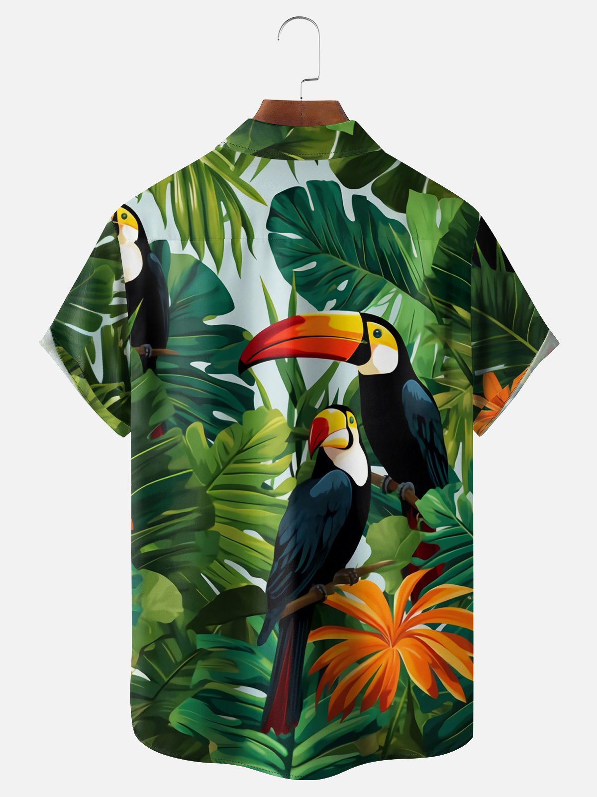 Moisture-wicking Tropical Palm Tree Toucan Parrots Chest Pocket Hawaiian Shirt