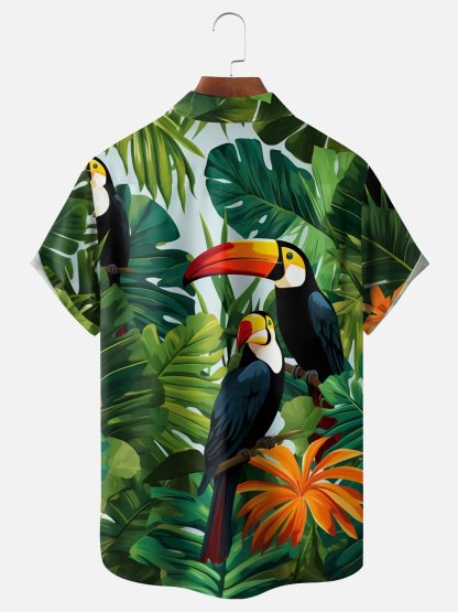 Moisture-wicking Tropical Palm Tree Toucan Parrots Chest Pocket Hawaiian Shirt