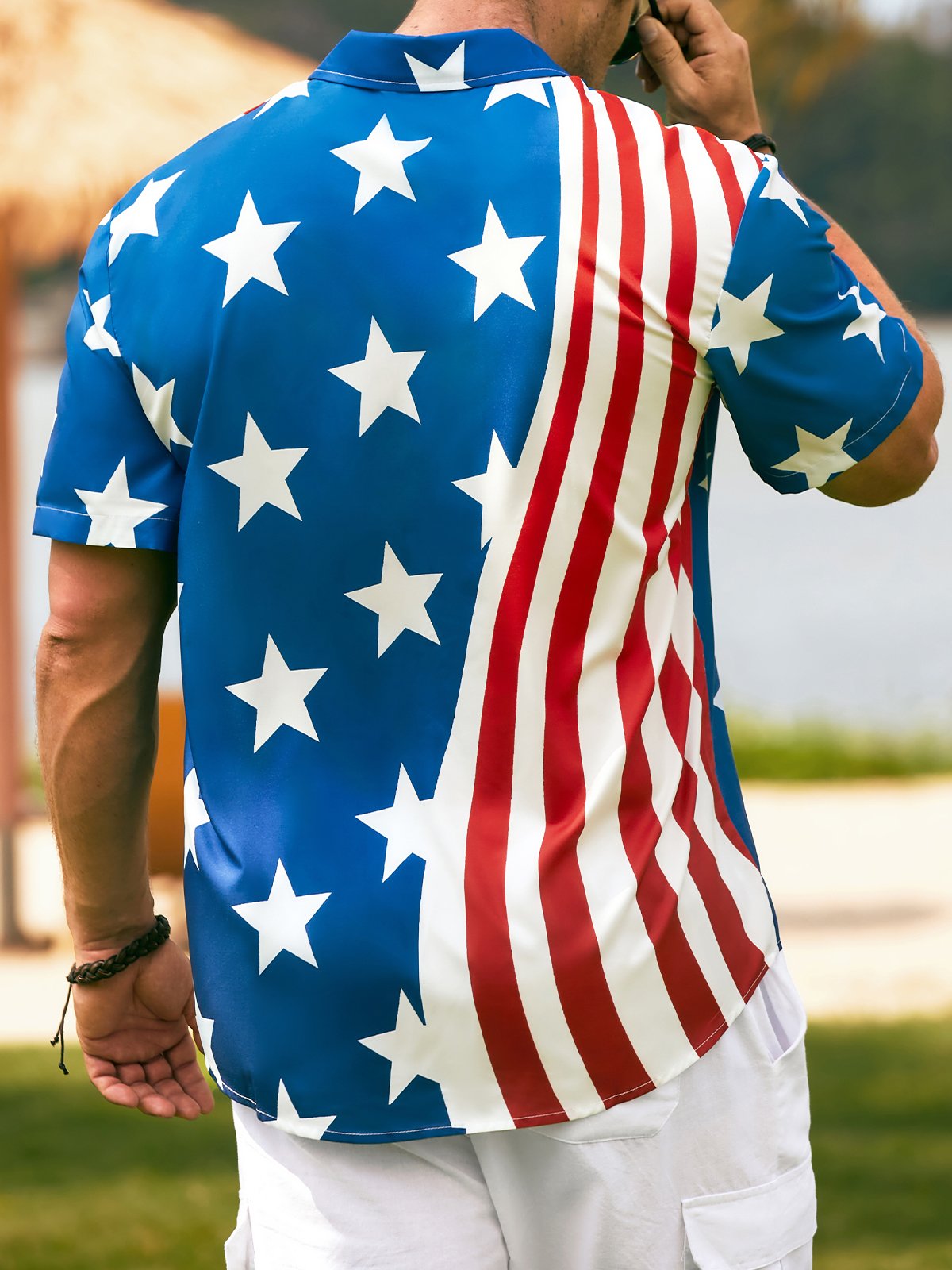 Hardaddy Mens American Flag Casual Breathable Chest Pocket Short Sleeve Hawaiian Shirt