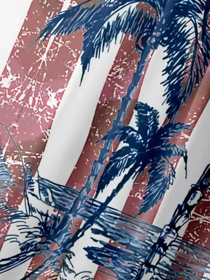 Tall Size Moisture-wicking American Flag Palm Tree Chest Pocket Hawaiian Shirt
