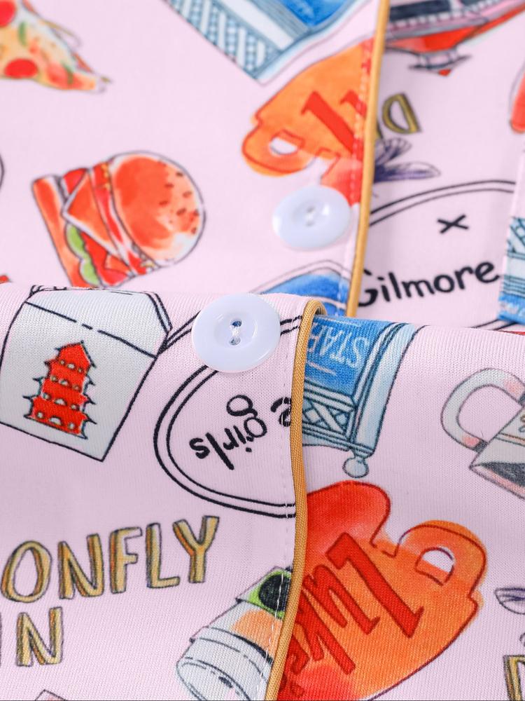 Women's Stars Hollow Gilmore Girls Pajama Set, Casual Fitted Long Sleeve Top & Elastic Pants, Comfortable Sleepwear for Holiday Party