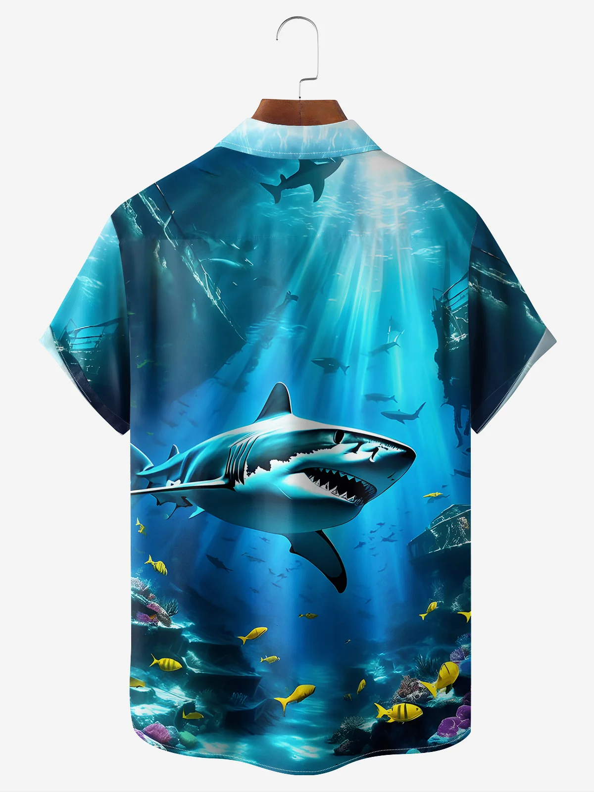Moisture-wicking Ocean Shark Chest Pocket Hawaiian Shirt