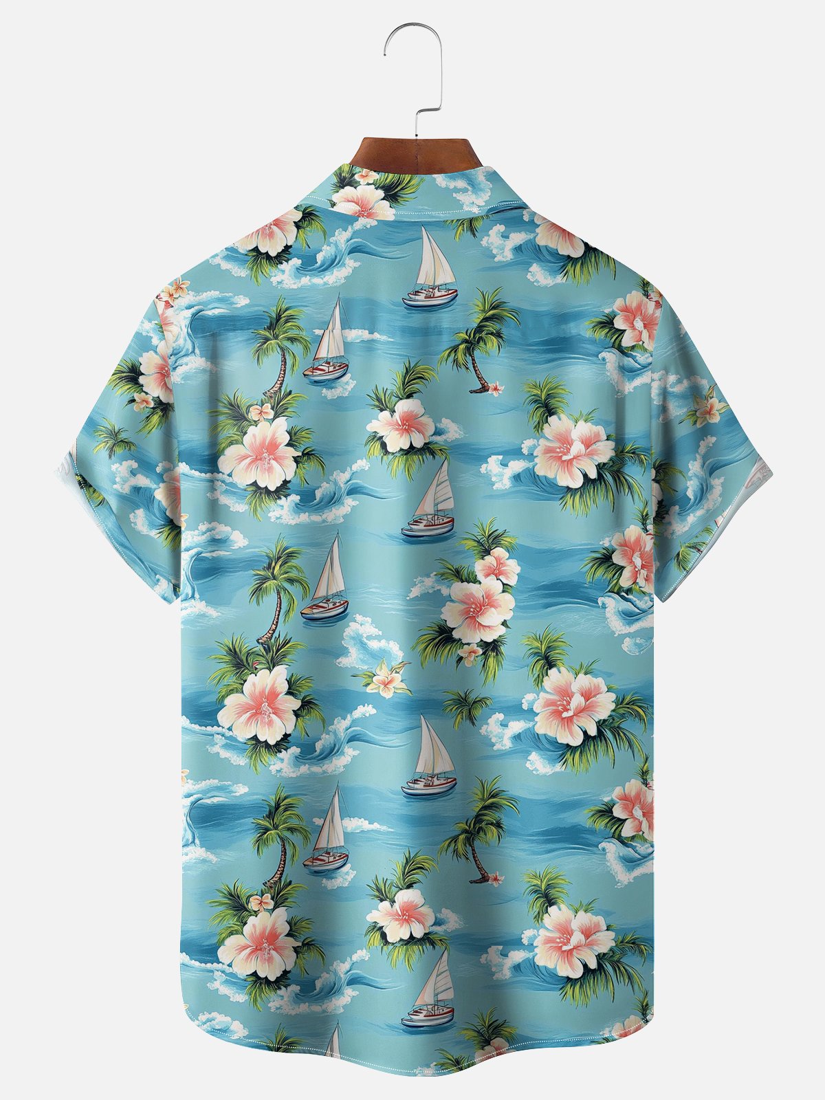 Moisture-wicking Palm Tree Hibiscus Flower Sailing Boat Chest Pocket Hawaiian Shirt