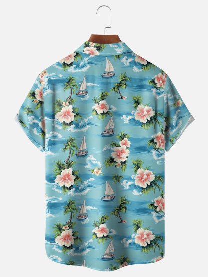 Moisture-wicking Palm Tree Hibiscus Flower Sailing Boat Chest Pocket Hawaiian Shirt