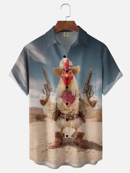 Moisture Wicking Fun Western Cowboy Chicken Chest Pocke Holiday Hawaiian Shirt