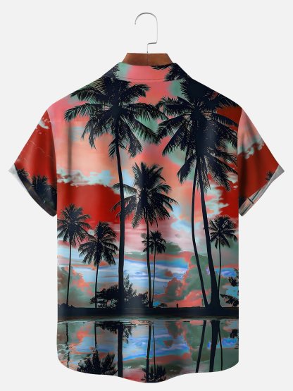 Big Size Moisture-wicking Beach Sunset Coconut Tree Chest Pocket Hawaiian Shirt