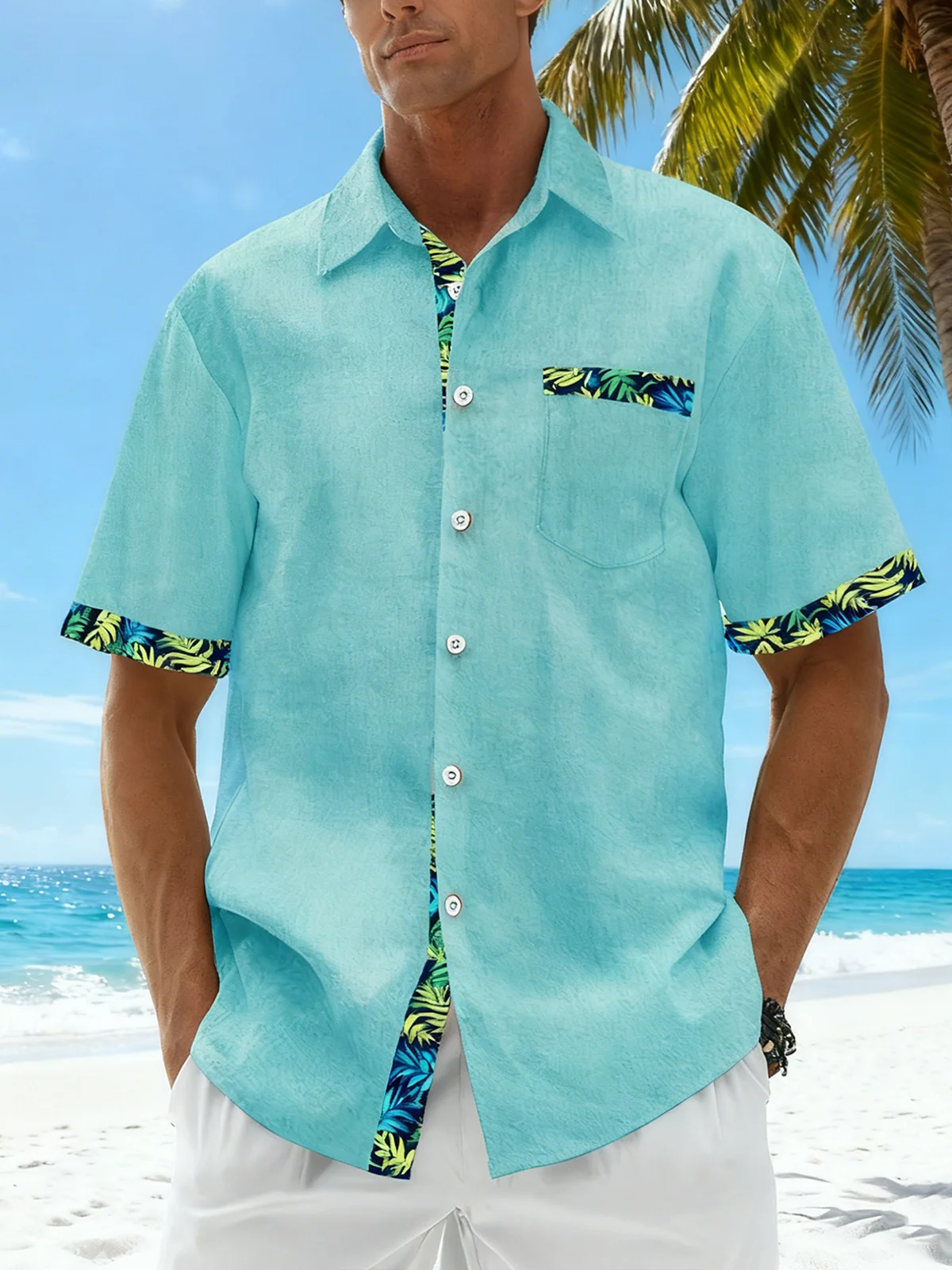 Linen Texture Plant Based Solid Color Patchwork Chest Pocket Holiday Hawaiian Shirt